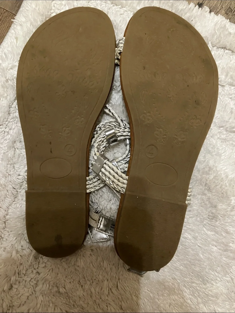 Candie's Braided Silver T-Strap Sandals with Brown Footbed